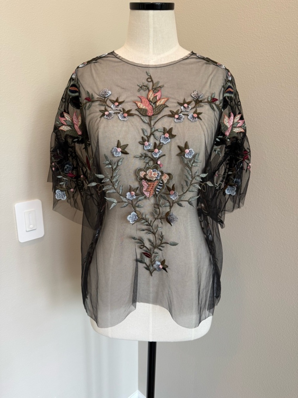 Zara Black Sheer Embroidered Floral Blouse